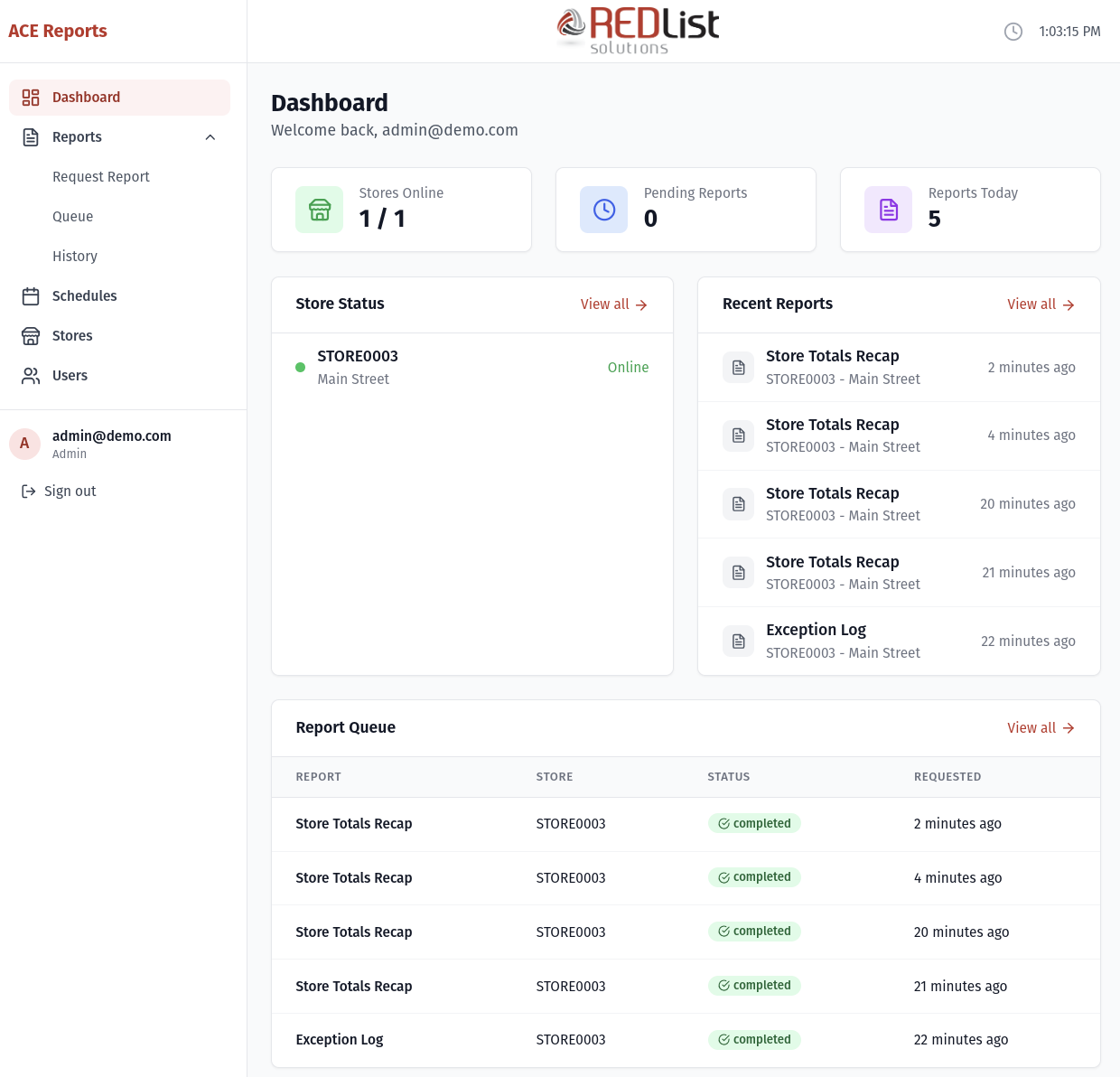 Dashboard showing store status, recent reports, and report queue