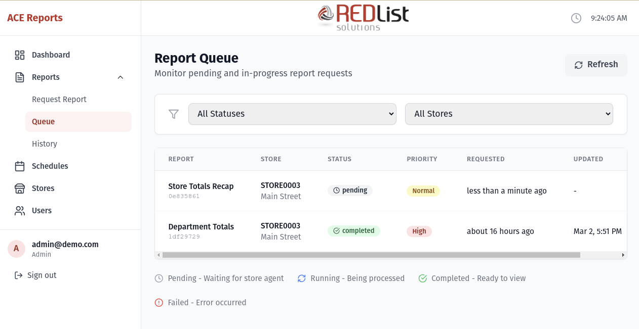 Report Queue showing pending and completed reports