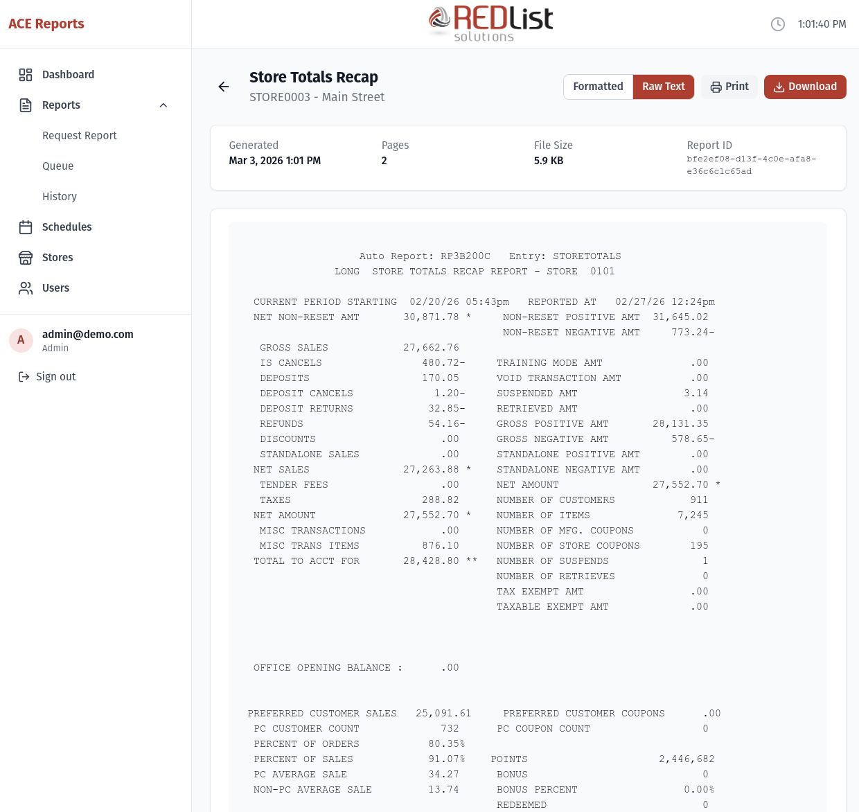 Report viewer showing Store Totals Recap