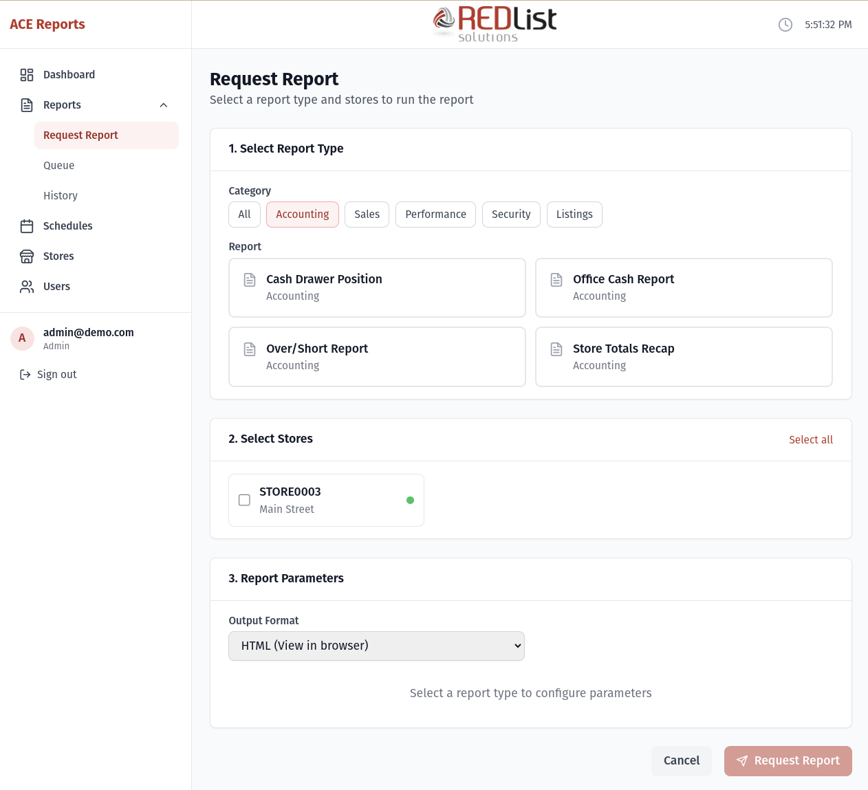 Request Report page showing report types and store selection